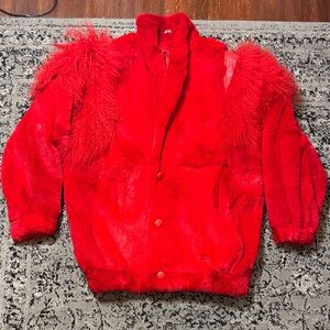 Vibrant Red rabbit Fur oversized fabulous jacket with accented shoulders